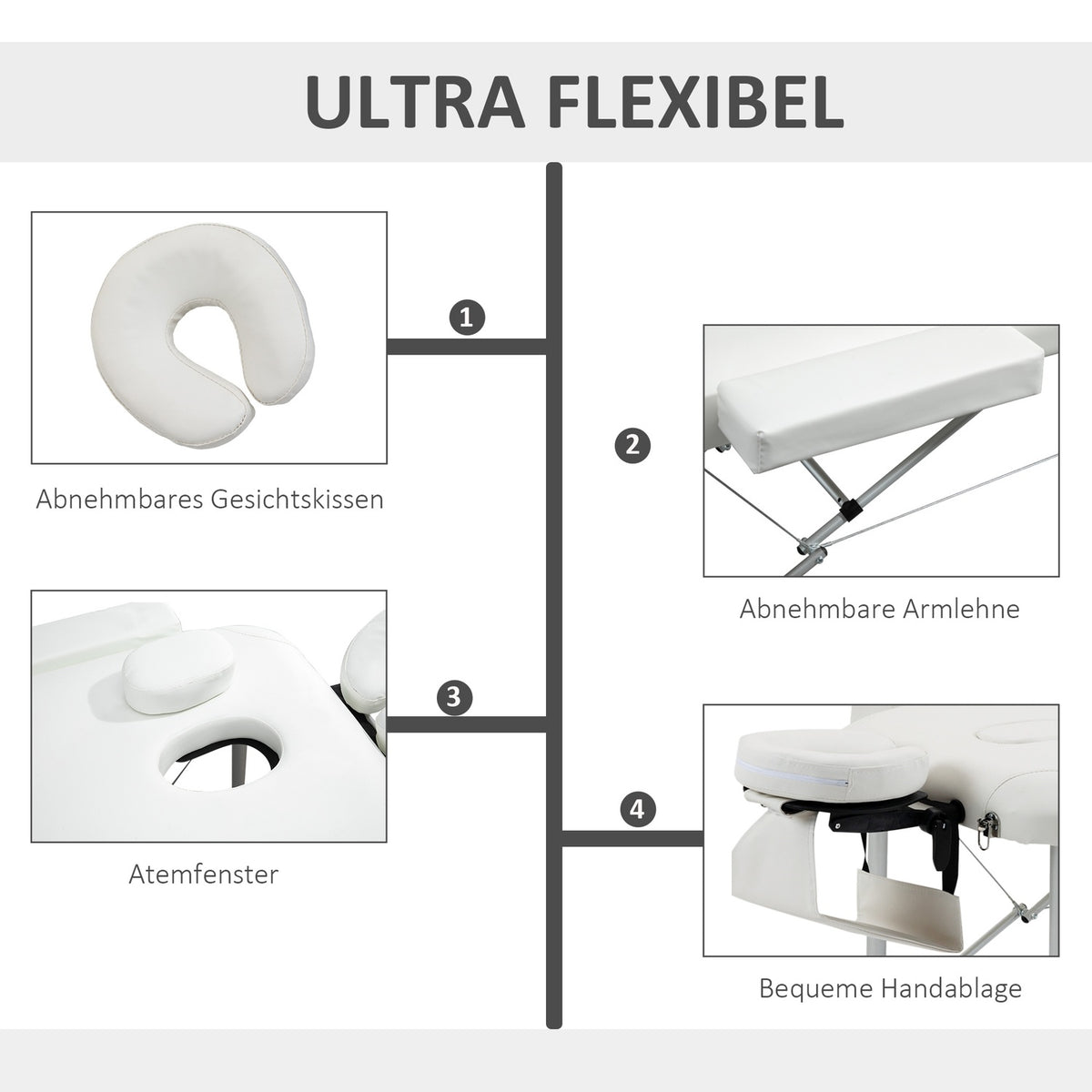 Foldable massage table, height-adjustable with pillow for salon & spa, plastic & aluminum, white, 215 x 60 x 61-84 cm