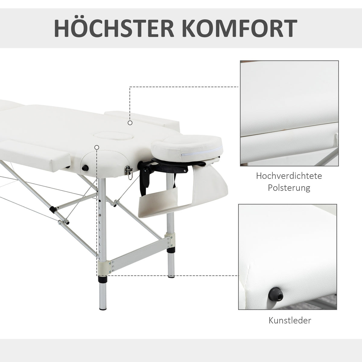 Foldable massage table, height-adjustable with pillow for salon & spa, plastic & aluminum, white, 215 x 60 x 61-84 cm