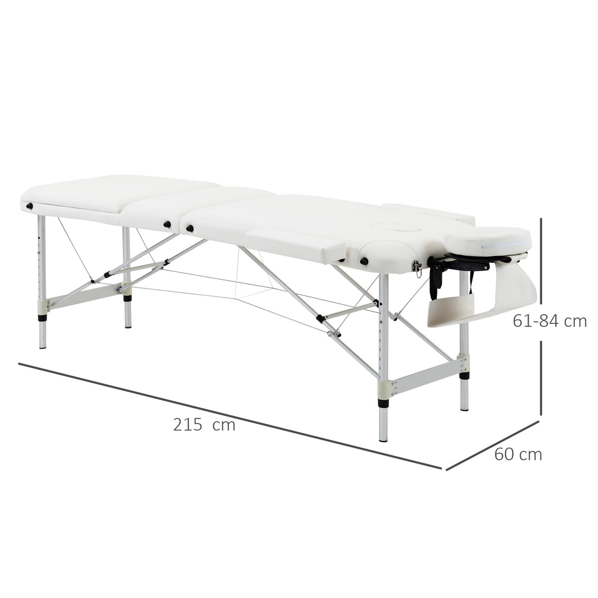 Foldable massage table, height-adjustable with pillow for salon & spa, plastic & aluminum, white, 215 x 60 x 61-84 cm