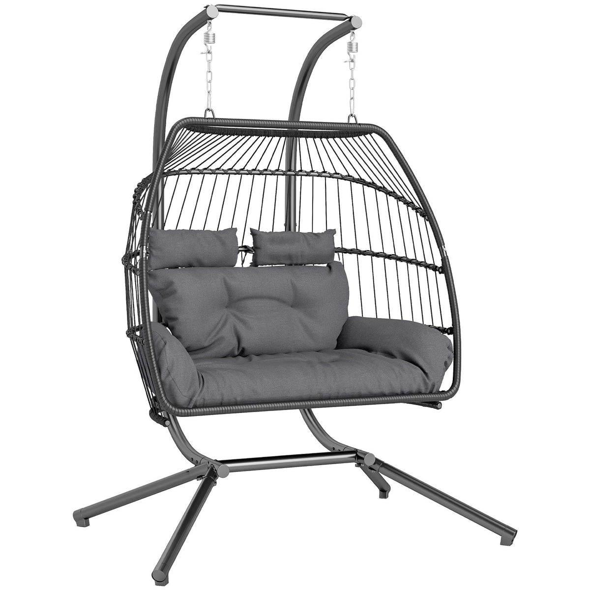 Foldable rattan hanging chair with cushion, dark grey, 260 kg