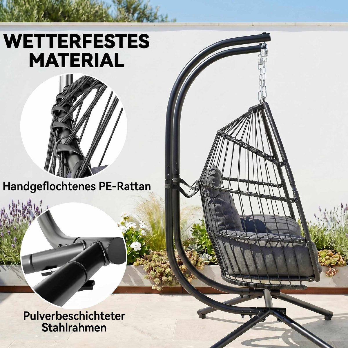 Foldable rattan hanging chair with cushion, dark grey, 260 kg