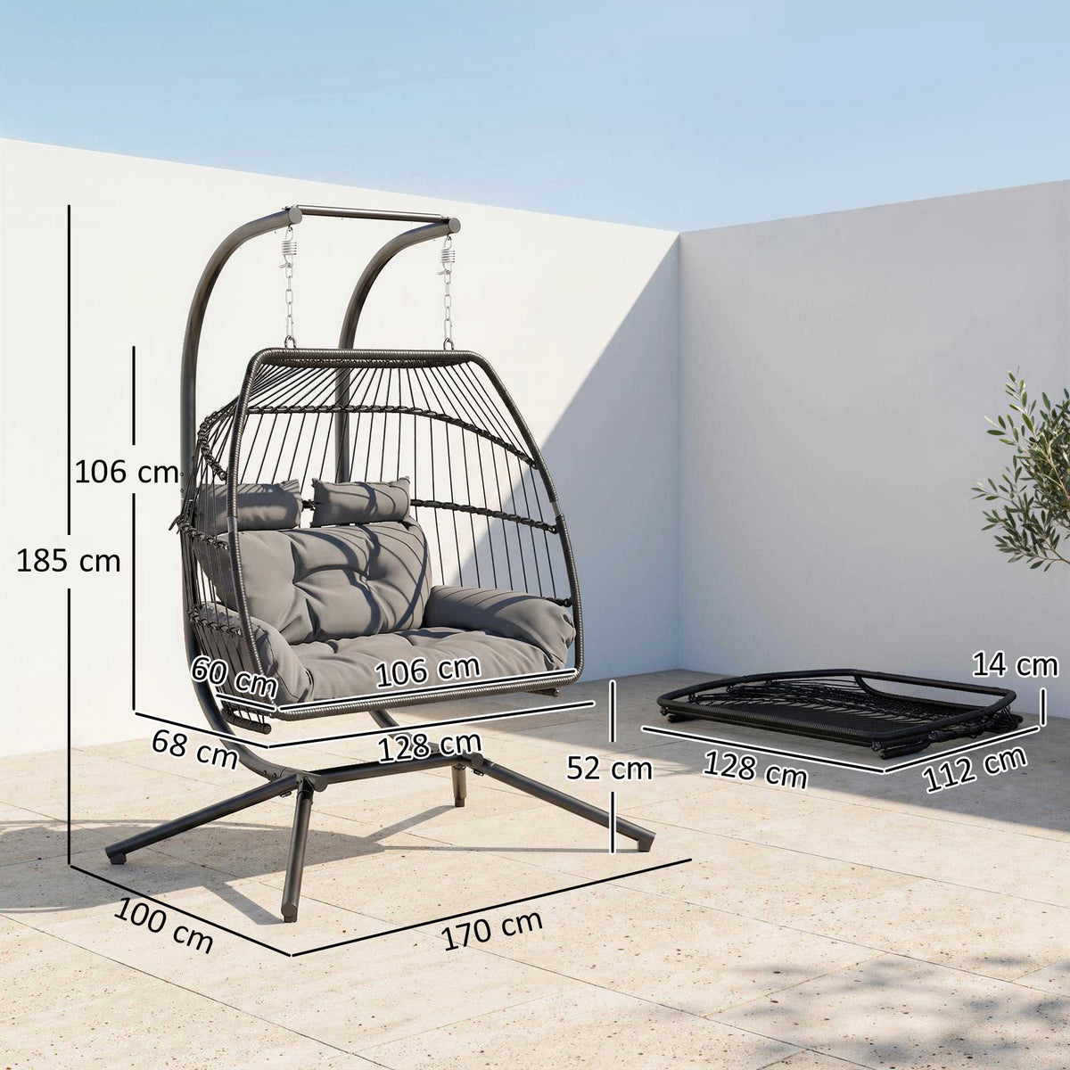 Foldable rattan hanging chair with cushion, dark grey, 260 kg