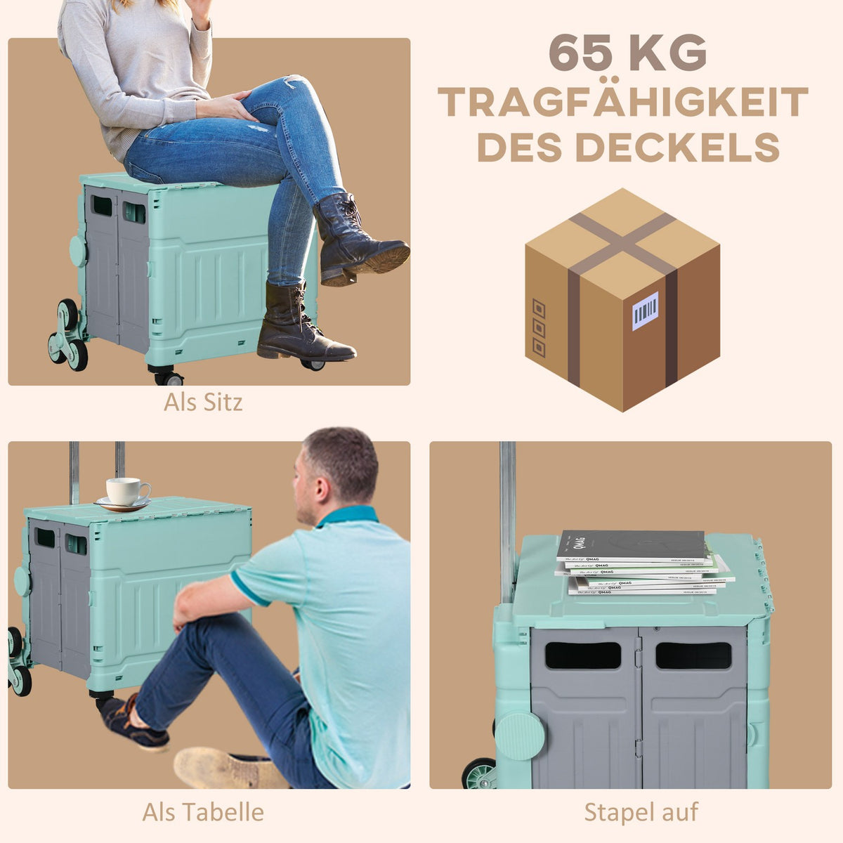 Foldable shopping trolley, portable up to 80 kg, shopping trolley with adjustable telescopic handle, lid, transport trolley, green