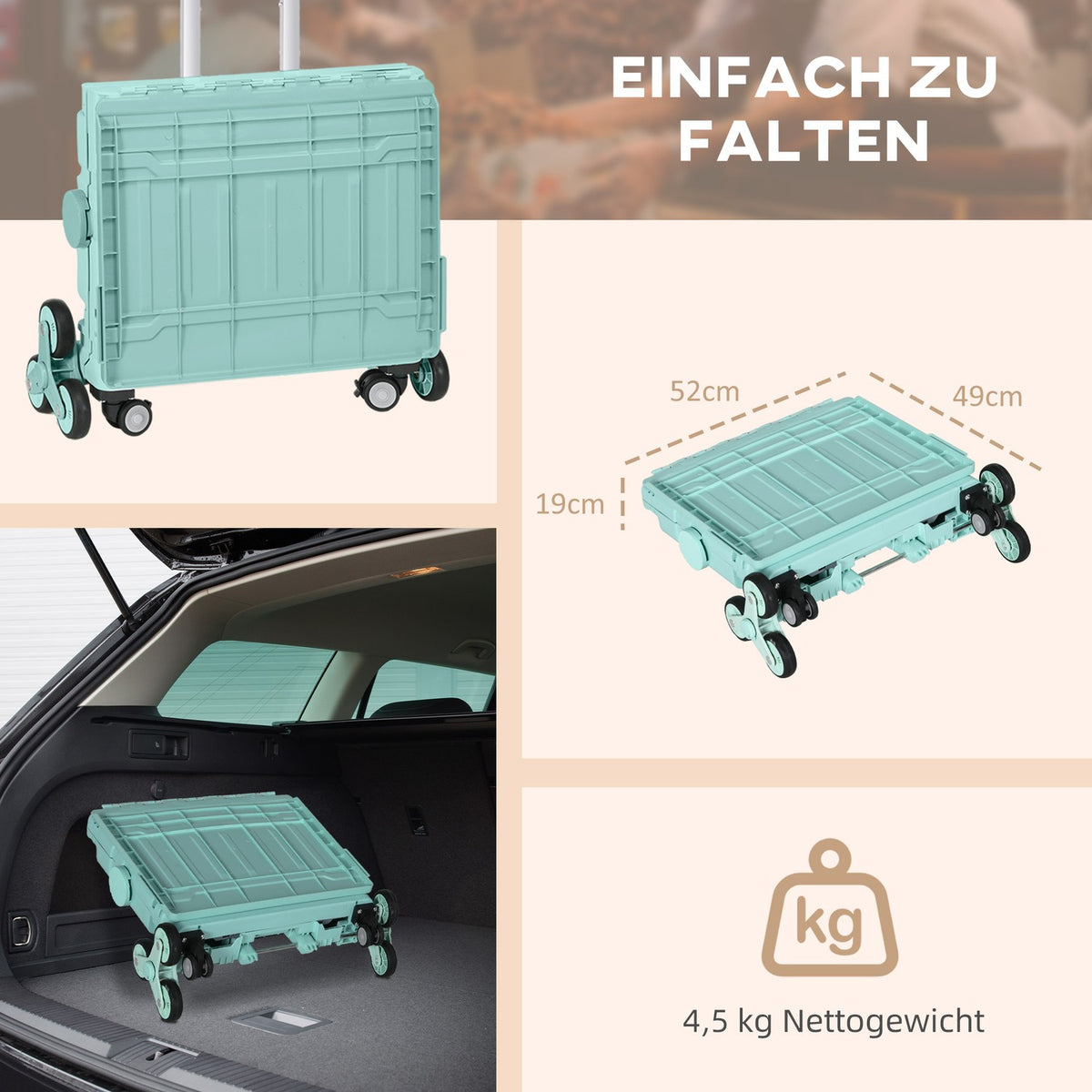 Foldable shopping trolley, portable up to 80 kg, shopping trolley with adjustable telescopic handle, lid, transport trolley, green