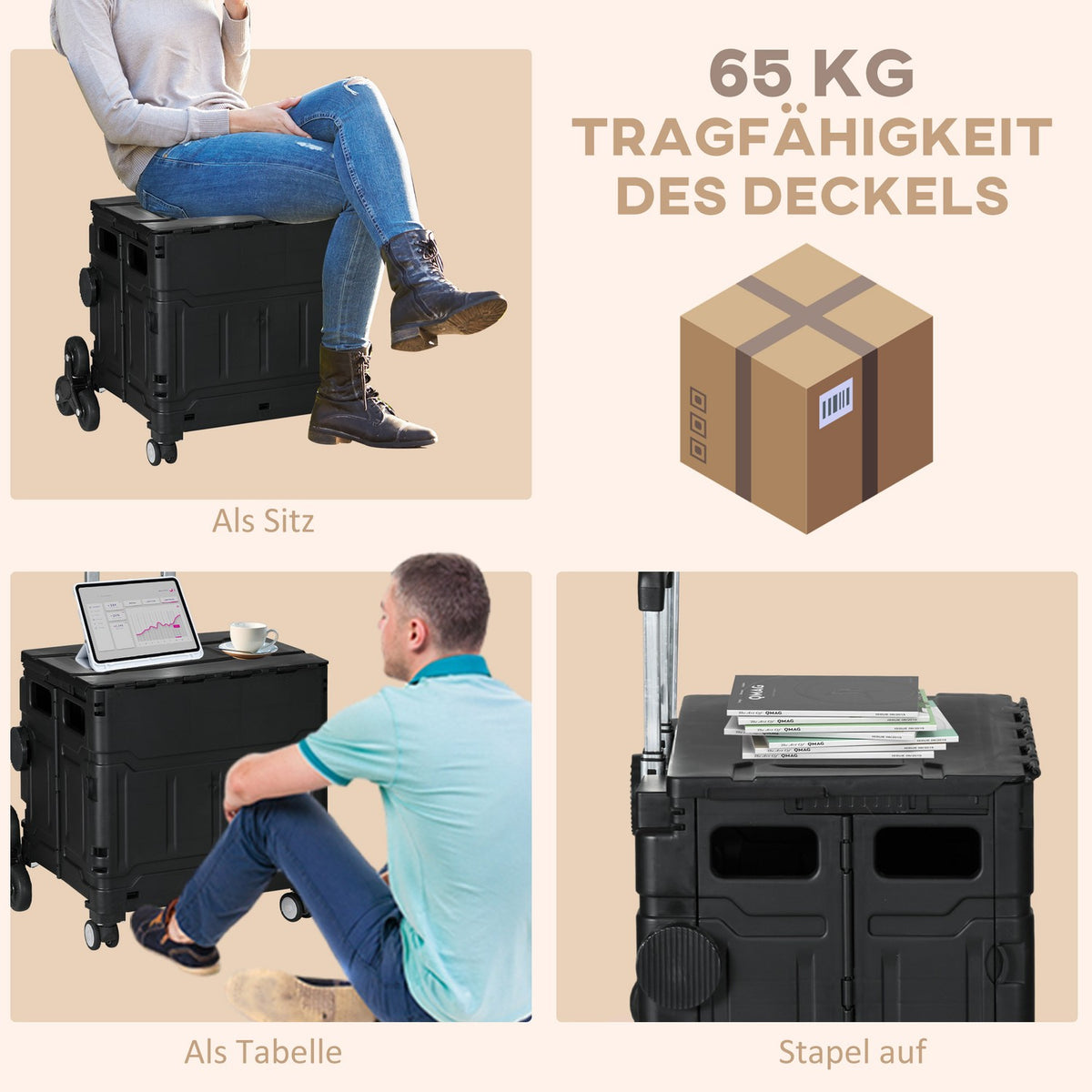 Foldable shopping trolley, portable up to 80 kg, shopping trolley with adjustable telescopic handle, stair climber with lid, transport trolley