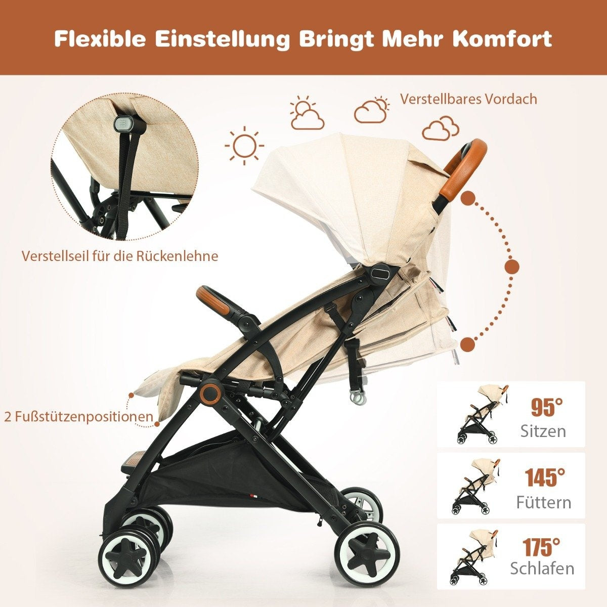 Foldable stroller with adjustable backrest & footrest & canopy Beige