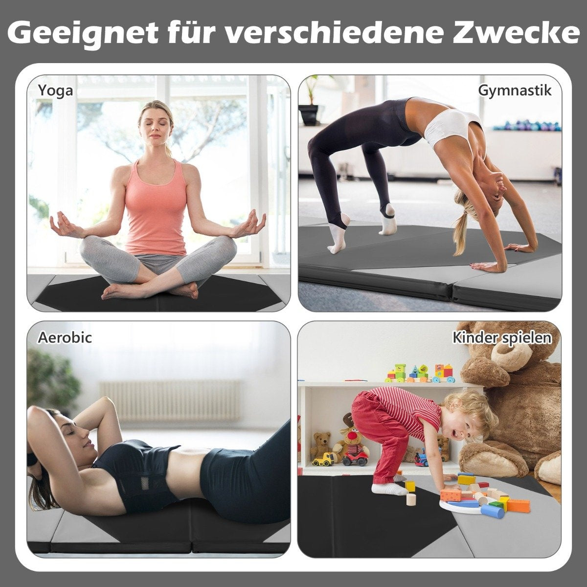 Foldable training mat made of faux leather with Velcro fasteners &amp; Carrying handles 300 x 117 x 5 cm-gray