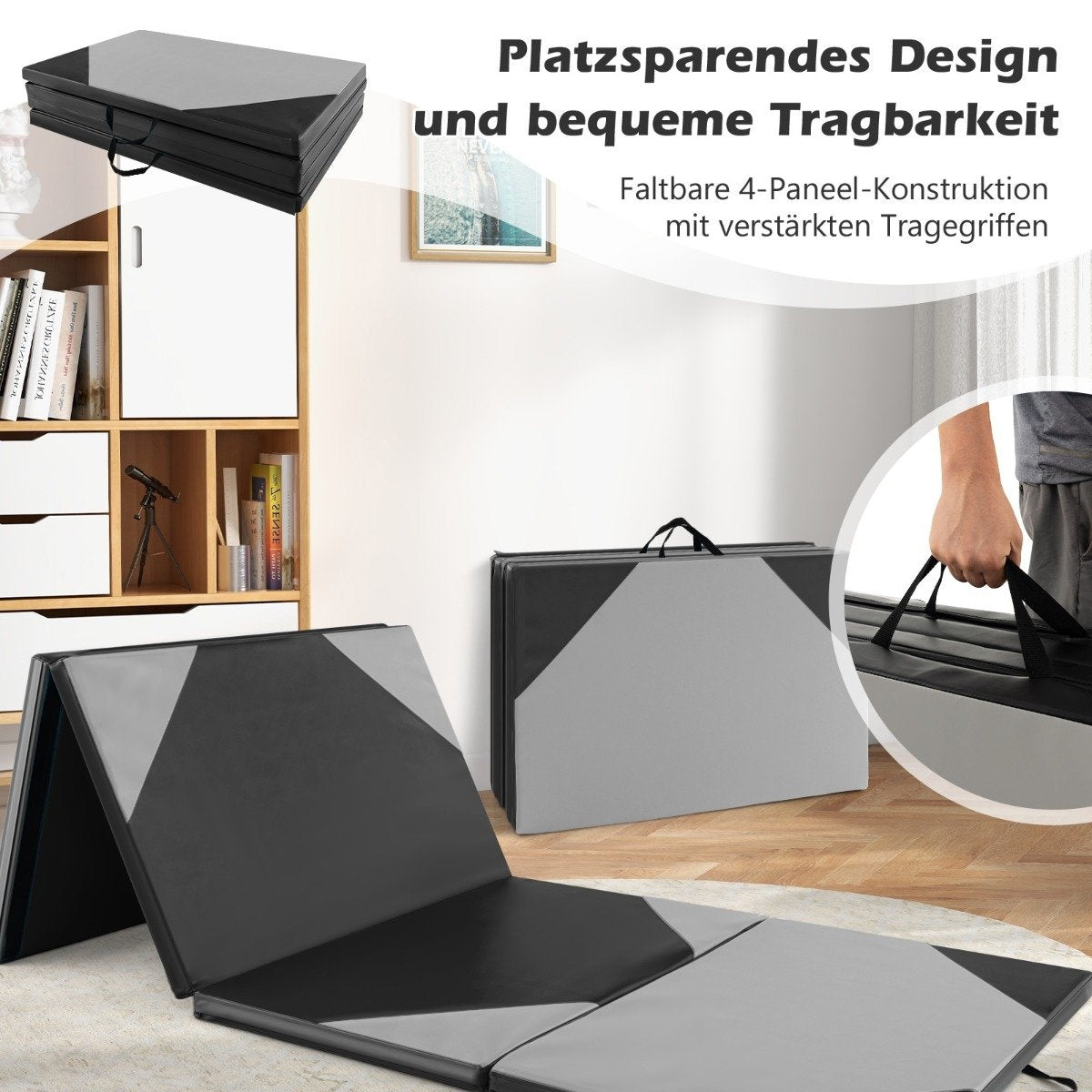 Foldable training mat made of faux leather with Velcro fasteners &amp; Carrying handles 300 x 117 x 5 cm-gray