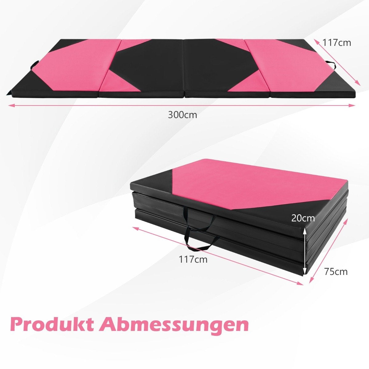 Foldable training mat made of faux leather with Velcro fasteners &amp; Carrying handles 300 x 117 x 5 cm pink