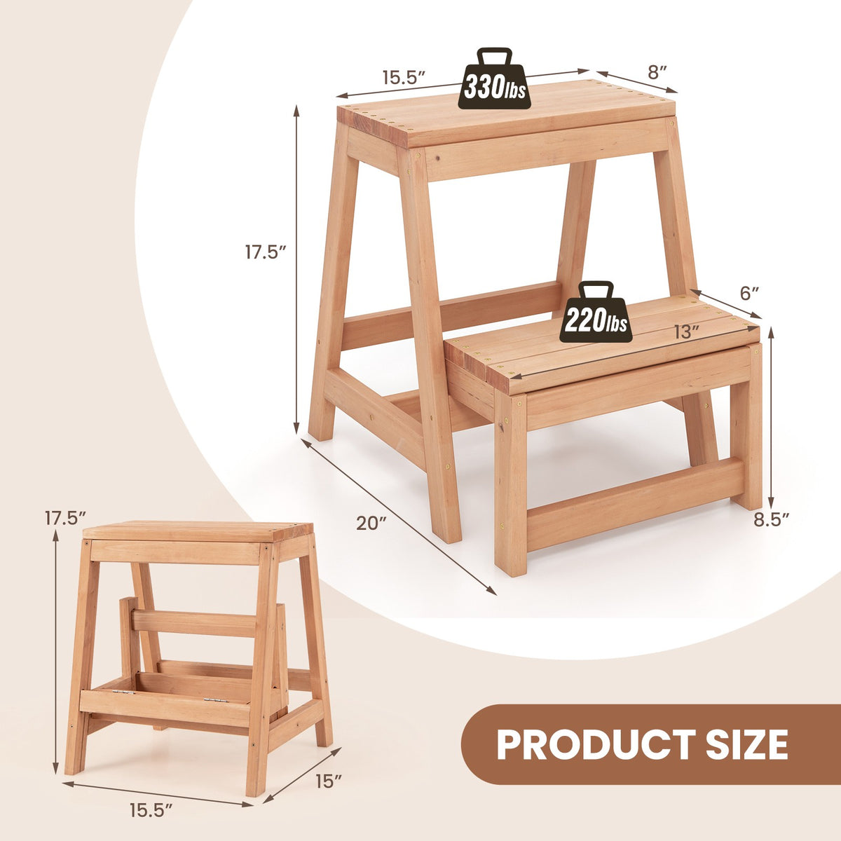 Folding 2-Step Stool, Fir Wood Plant Stand, 330 lb