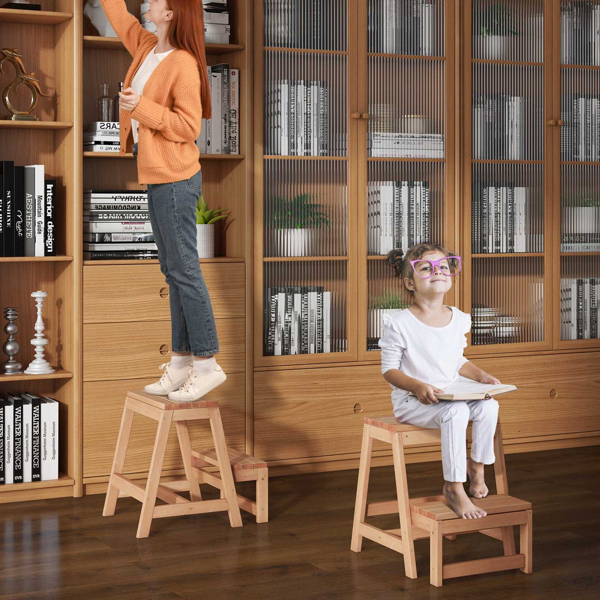 Folding 2-Step Stool, Fir Wood Plant Stand, 330 lb