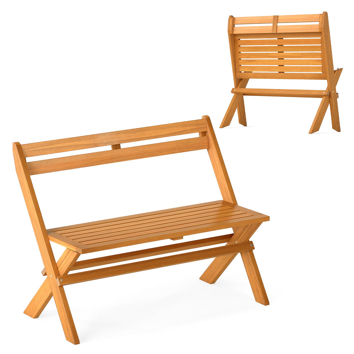 Folding Acacia Wood Bench, 2-Seater, 360 kg Capacity