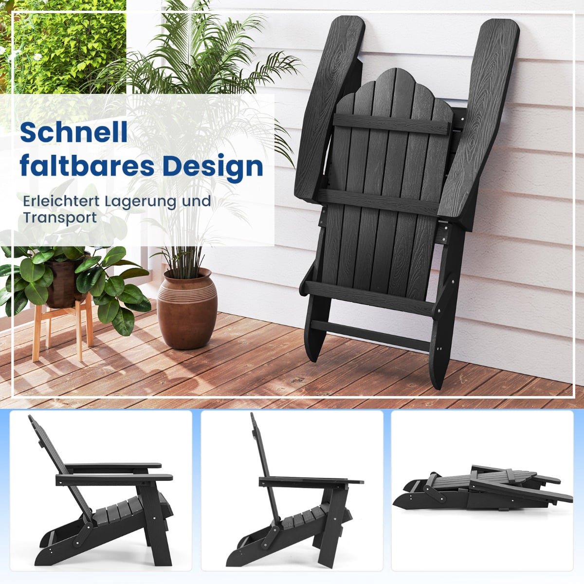 Folding Adirondack Chair, Weatherproof Black HIPS
