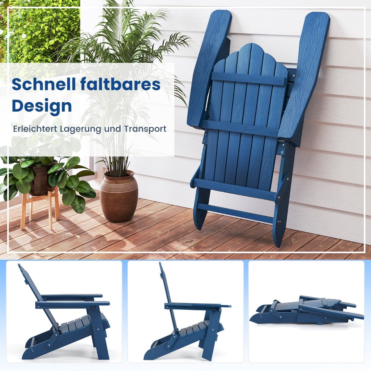 Folding Adirondack Chair, Weatherproof HIPS, Navy Blue