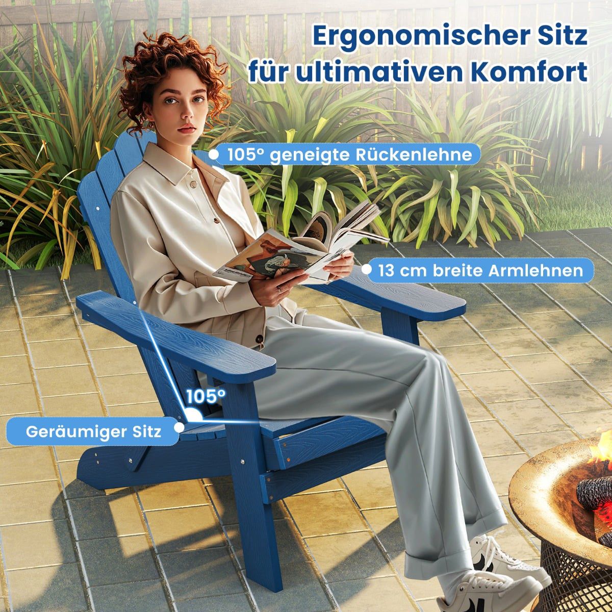 Folding Adirondack Chair, Weatherproof HIPS, Navy Blue