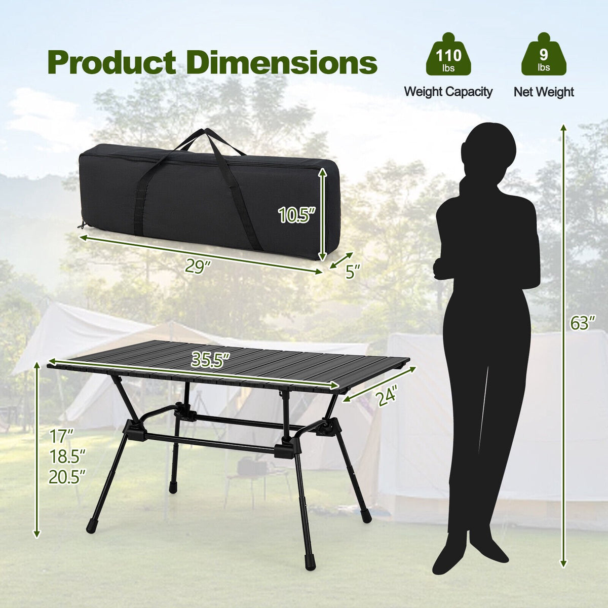 Folding Aluminum Camping Table – Adjustable Height, Carry Bag