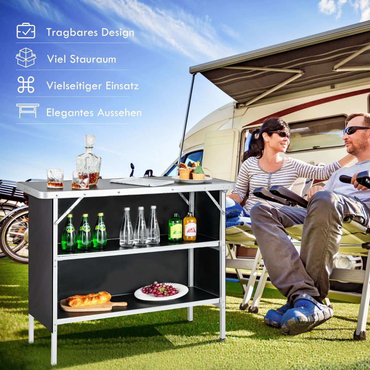 Folding Aluminum Camping Table with 2-Tier Shelves, Black