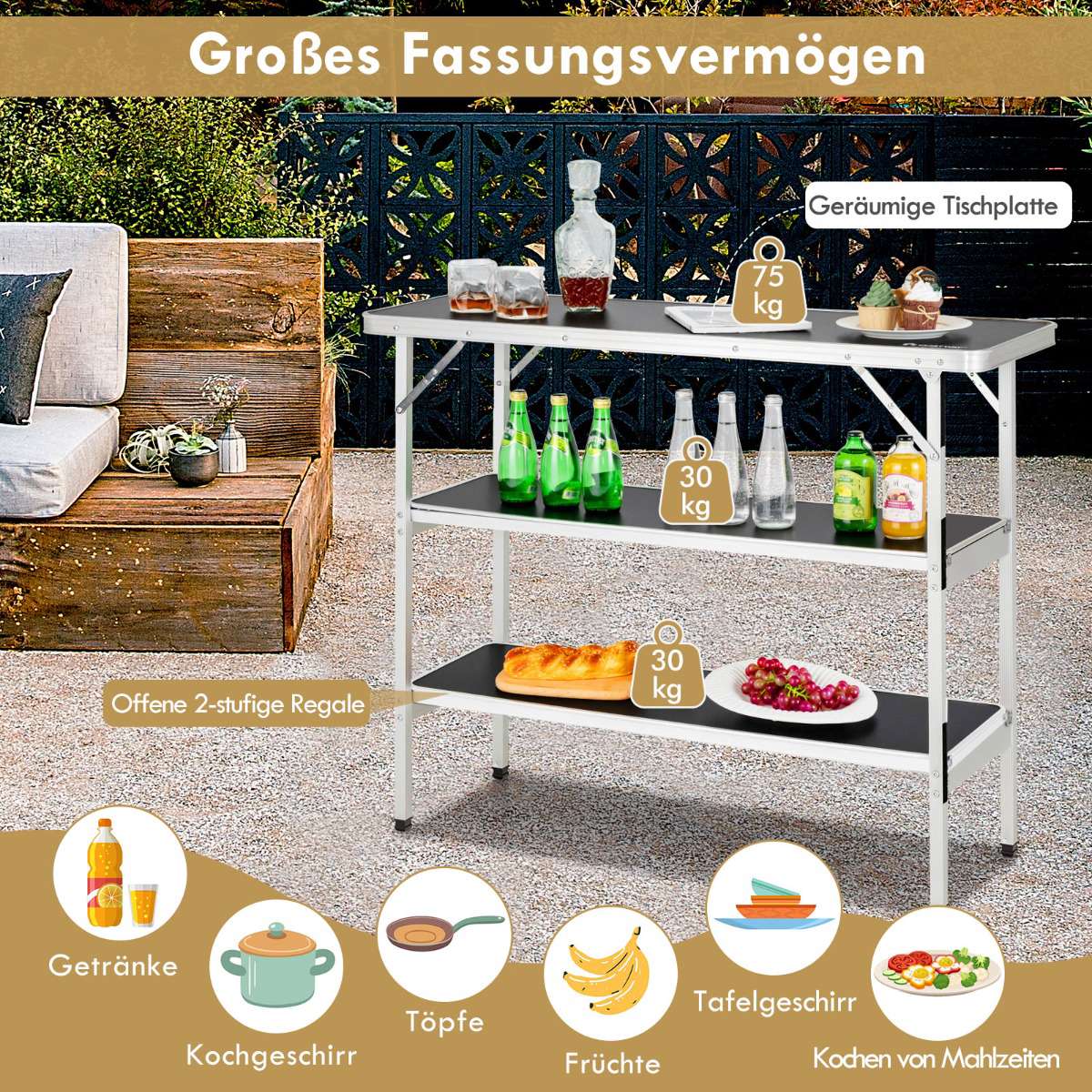Folding Aluminum Camping Table with 2-Tier Shelves, Black