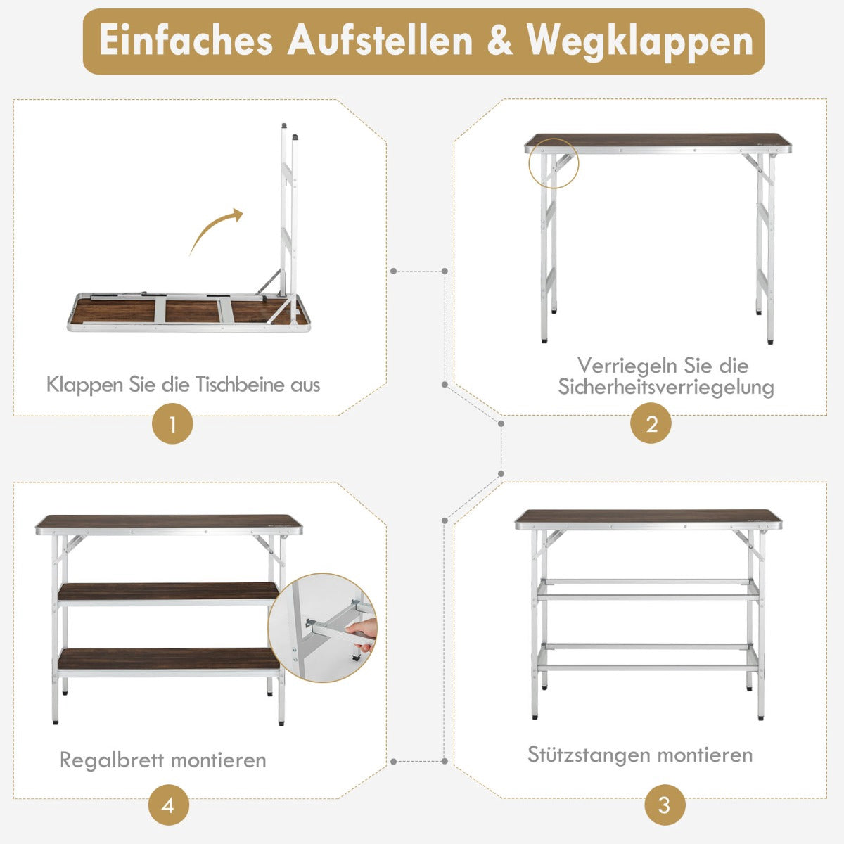Folding Aluminum Camping Table with 2-Tier Shelves