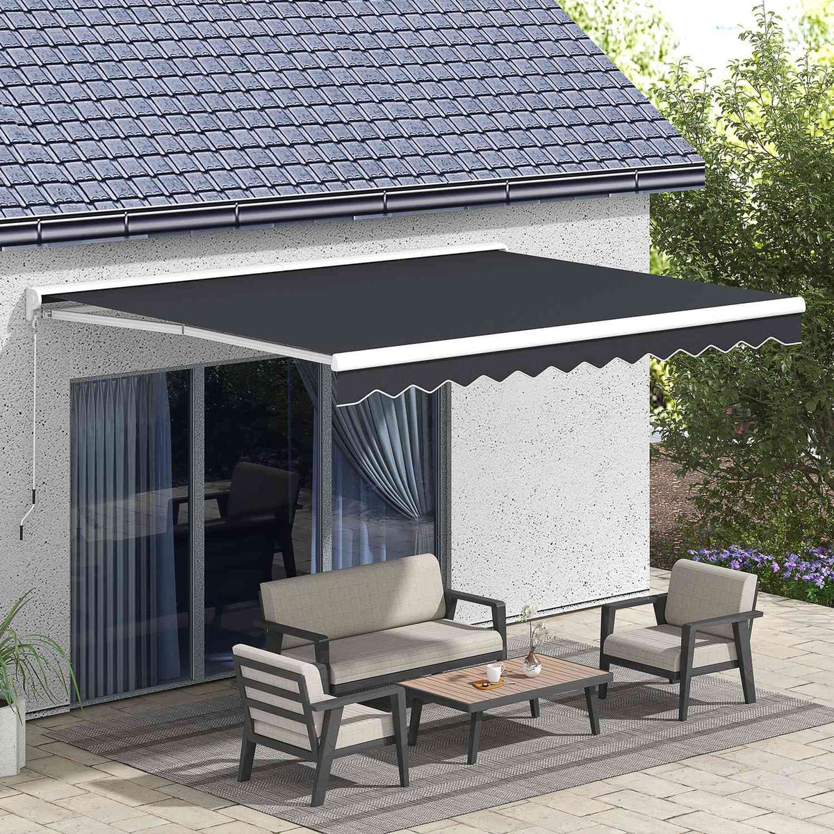 Folding Arm Awning 4 X 3 M Electric Awning With Hand Crank, Remote Control Wall Mounted Sun Canopy Balcony Awning For Garden Aluminum Grey