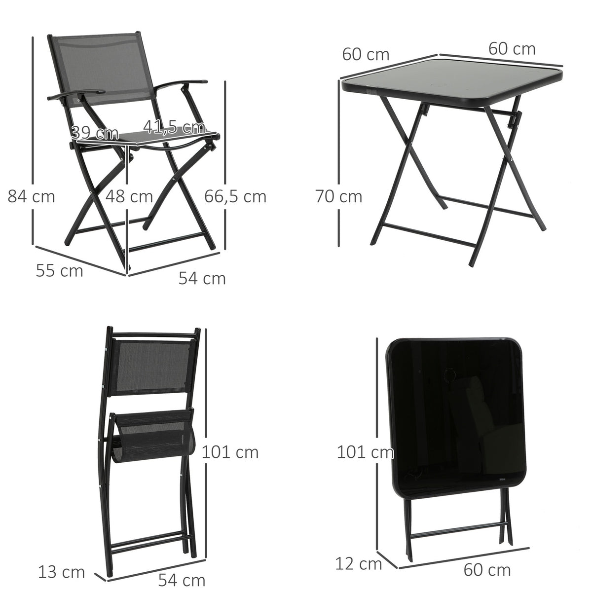 Folding Balcony Set For 2 People Seating Group Table 2 Chairs Metal Mesh Black Gray