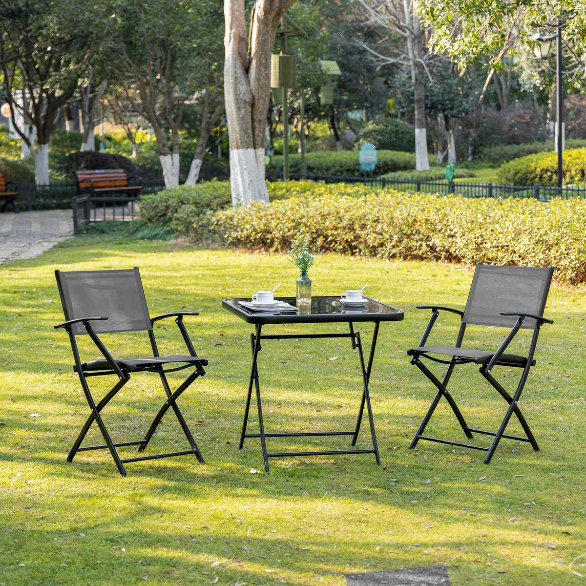 Folding Balcony Set For 2 People Seating Group Table 2 Chairs Metal Mesh Black Gray