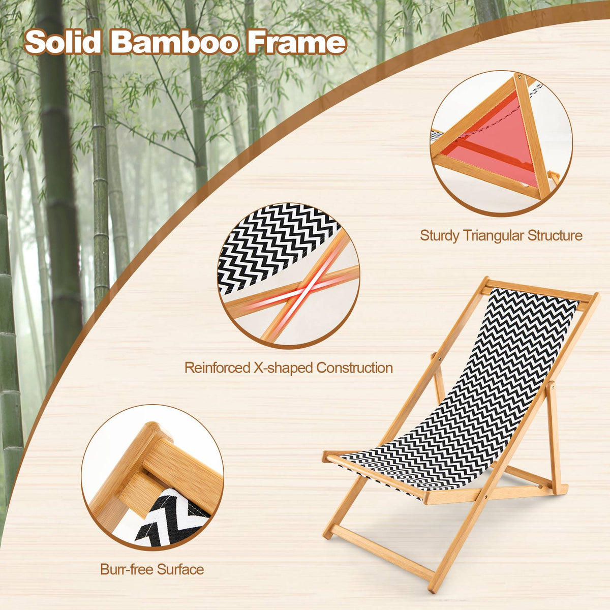Folding Bamboo Sling Chair, 3-Position Backrest, Canvas