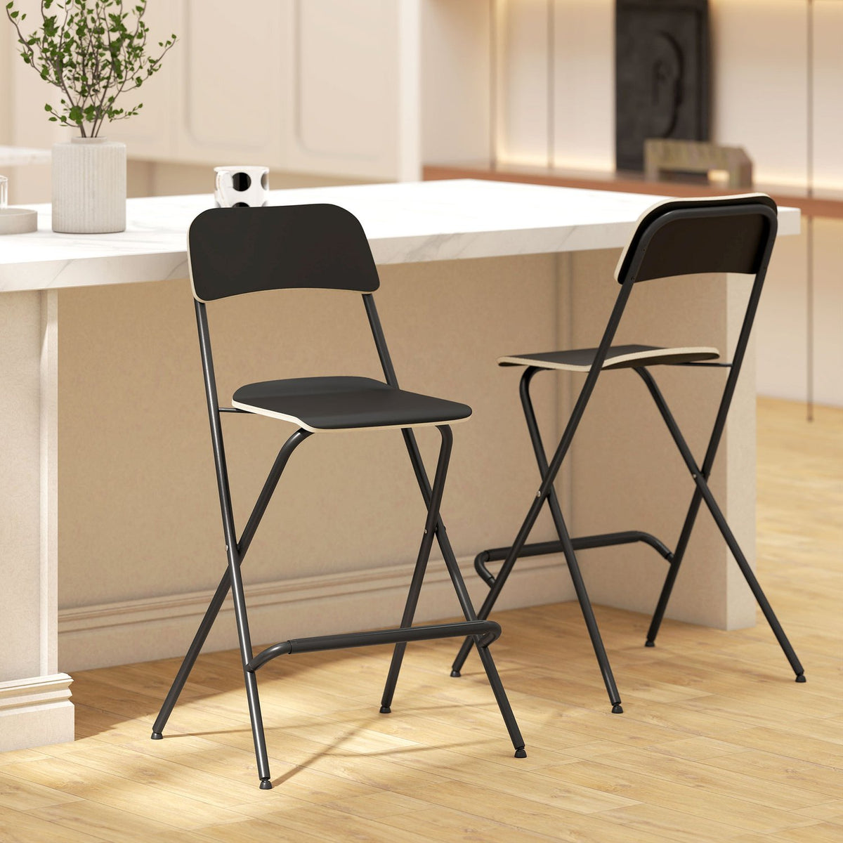 Folding Bar Stools Set of 2, Black Steel Frame, 120kg Capacity