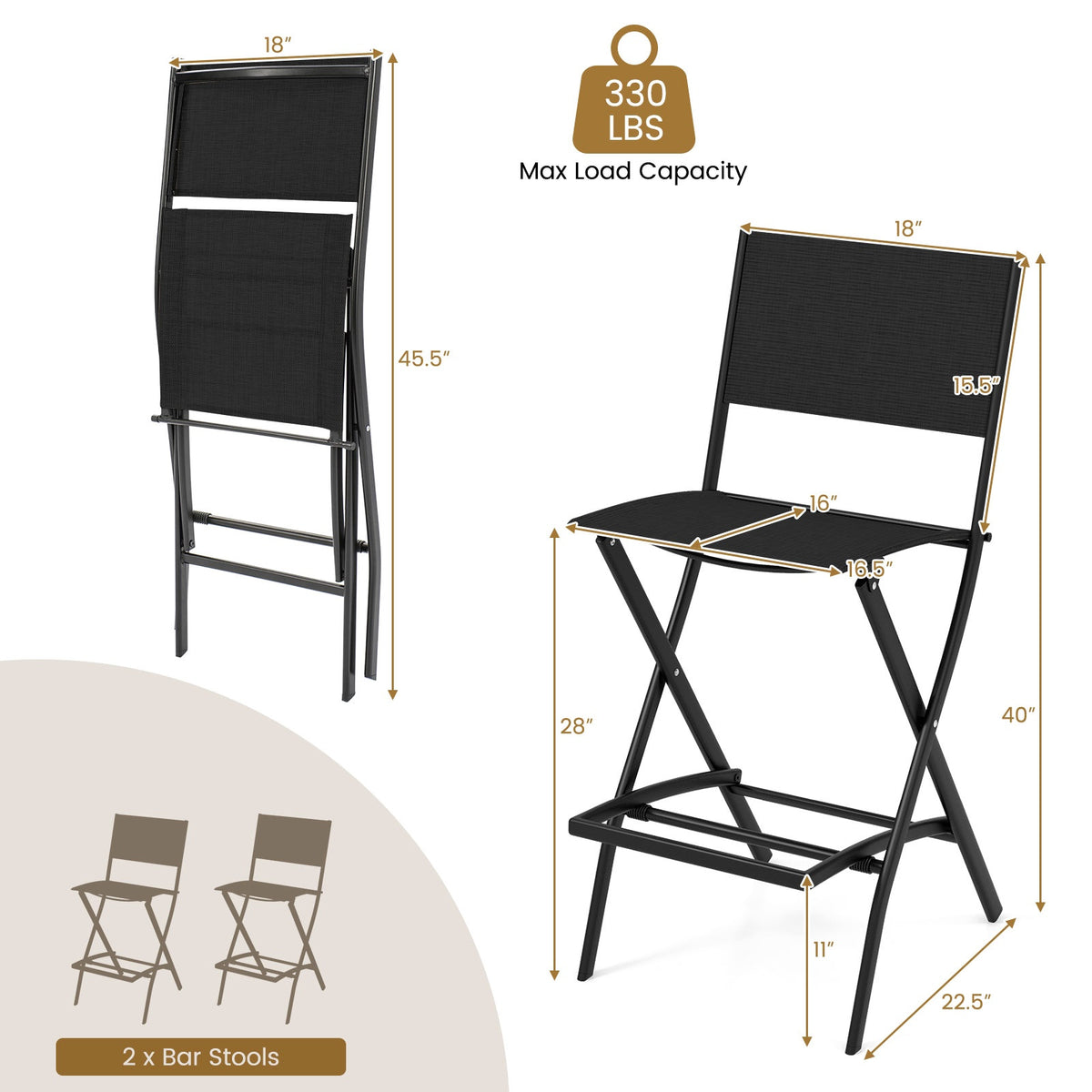 Folding Bar Stools Set of 2, Fabric Backrest, Footrest
