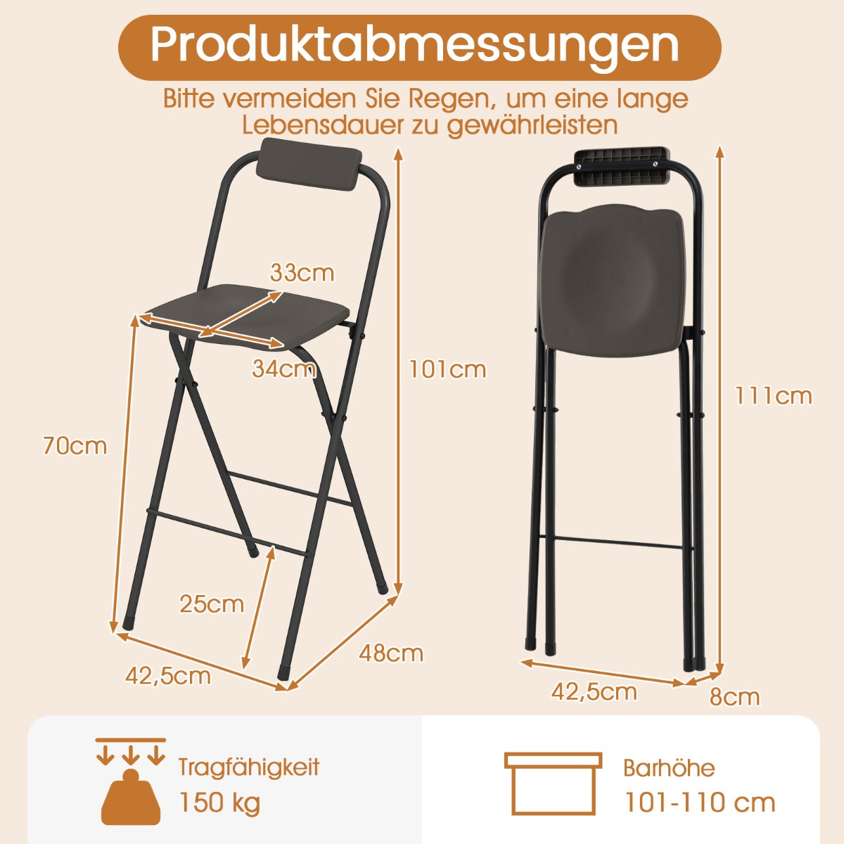 Folding Bar Stools Set of 2 with Backrest, 150kg Capacity, Gray