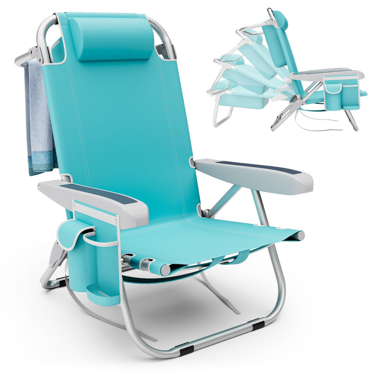 Folding Beach Chair, 5-Position Recline, 150 kg