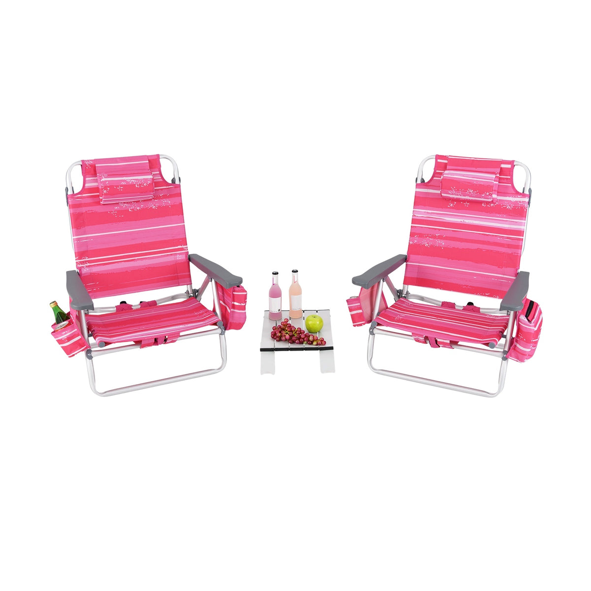 Folding Beach Chair Set, 2 Chairs, Table, 5-Position Backrest