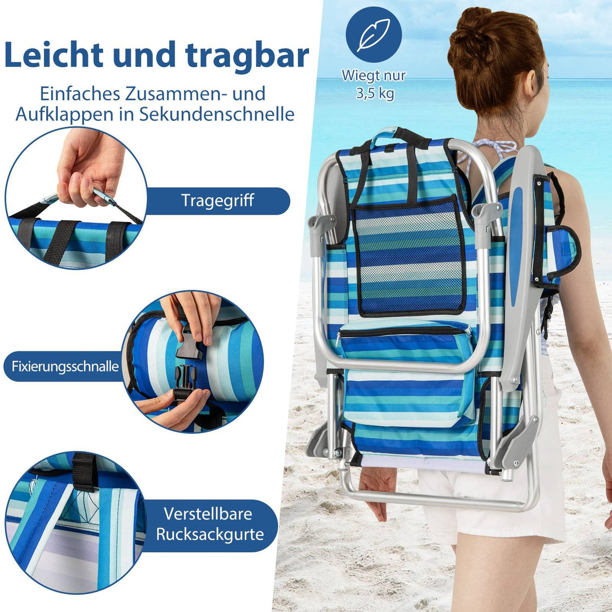 Folding Beach Chair Set with Adjustable Backrest & Cooler