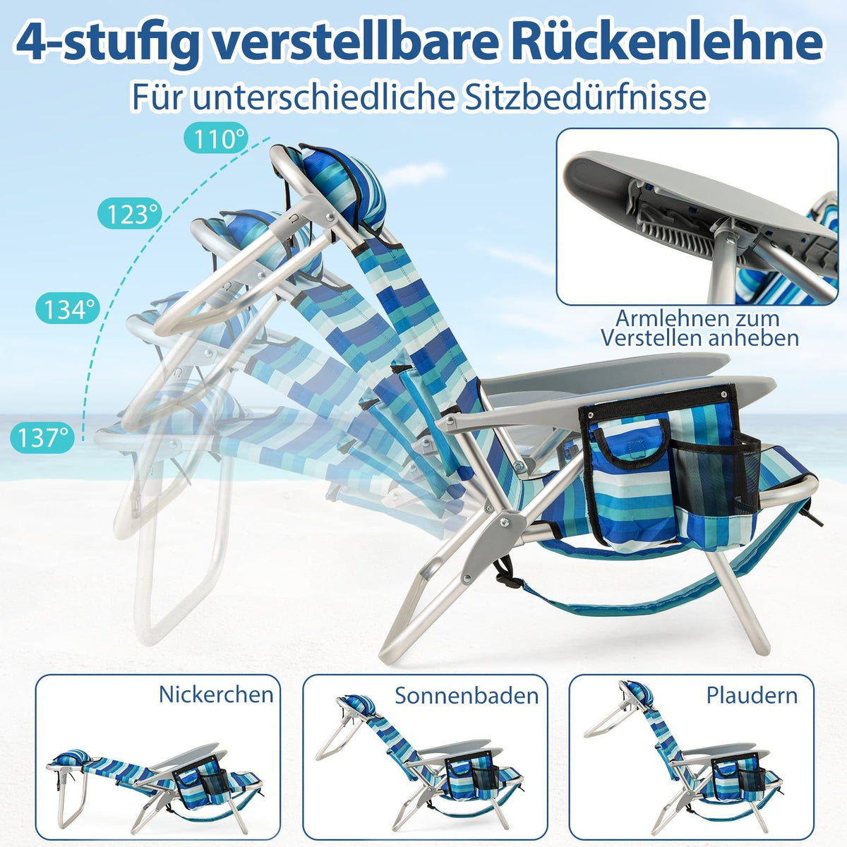 Folding Beach Chair Set with Adjustable Backrest & Cooler