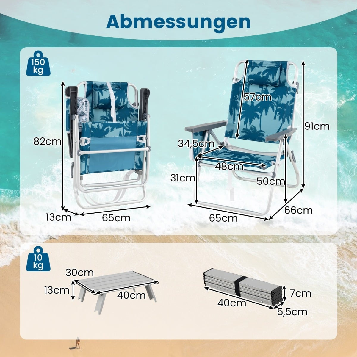 Folding Beach Chairs with Table, Adjustable Backrest, Blue