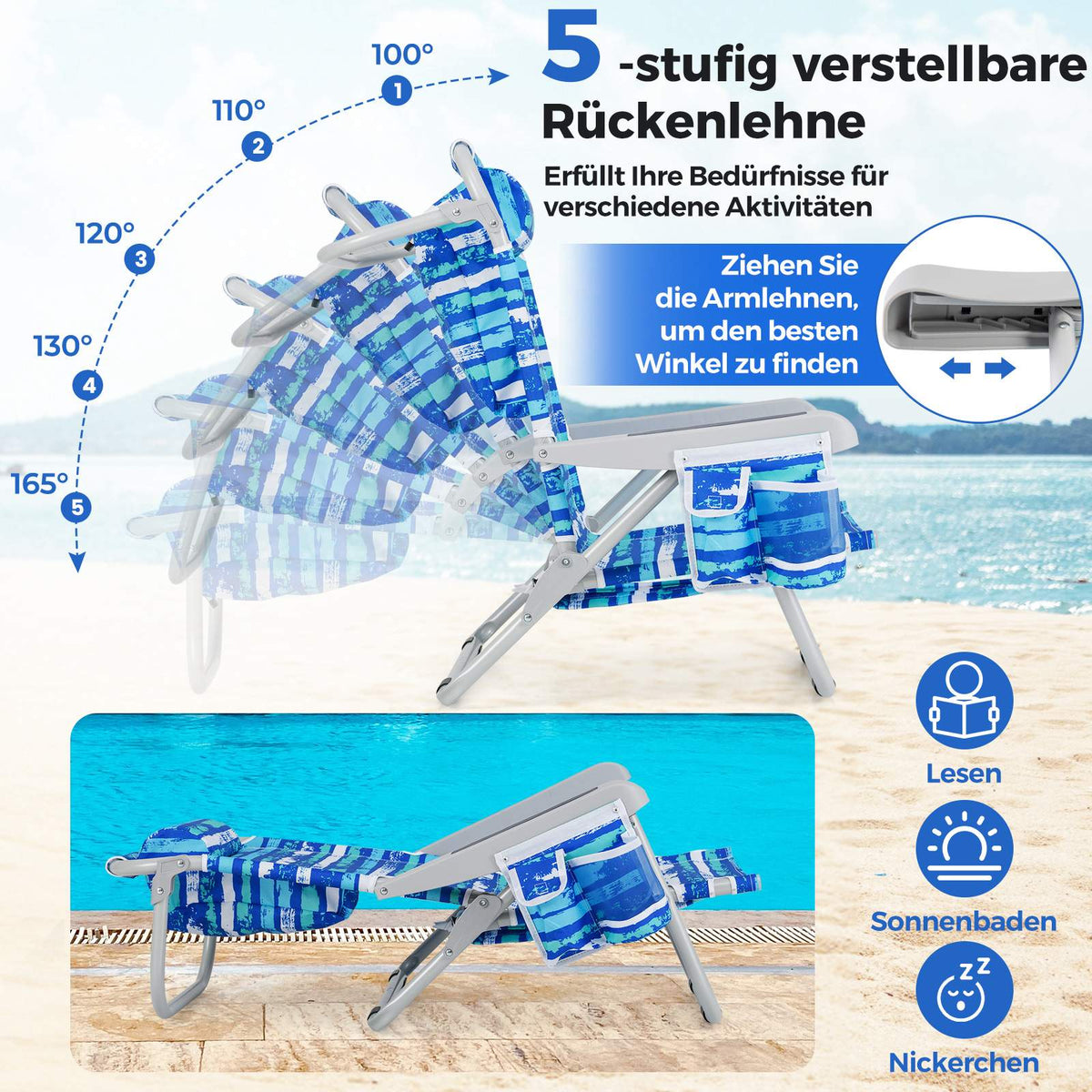 Folding Beach Chair with Adjustable Backrest, Blue Stripes