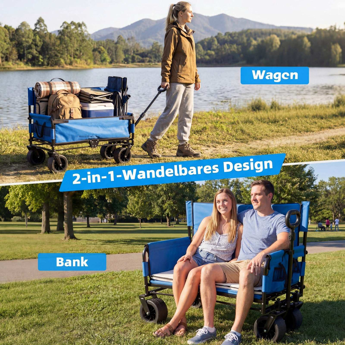 Folding Beach Wagon with Seat and Adjustable Handle