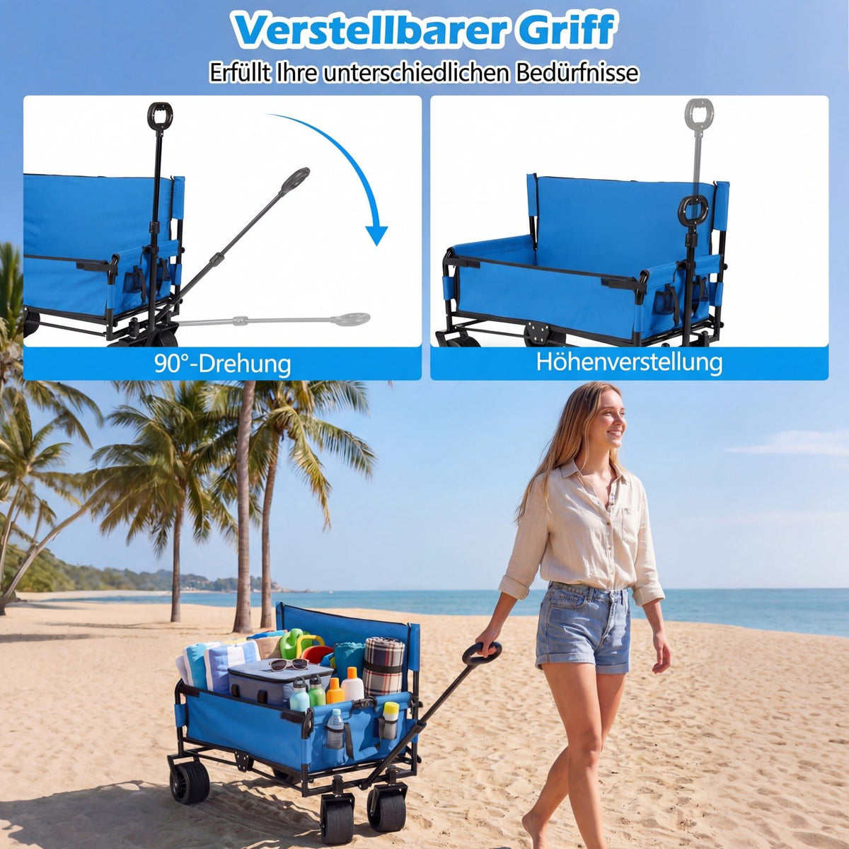 Folding Beach Wagon with Seat and Adjustable Handle