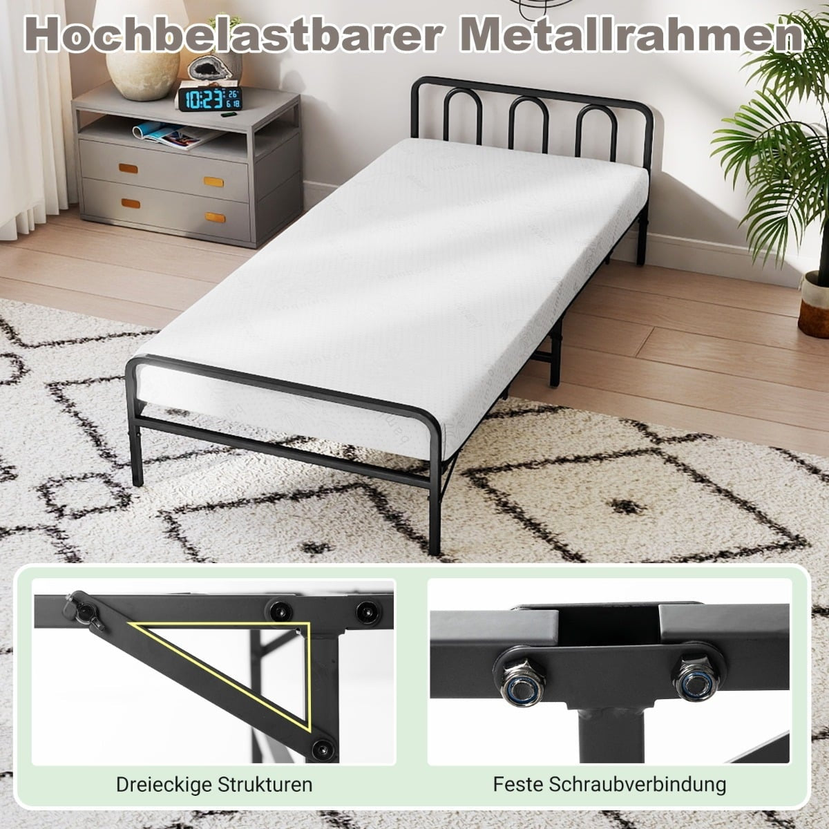 Folding Bed Frame with Mattress, Black, 200 x 90 cm