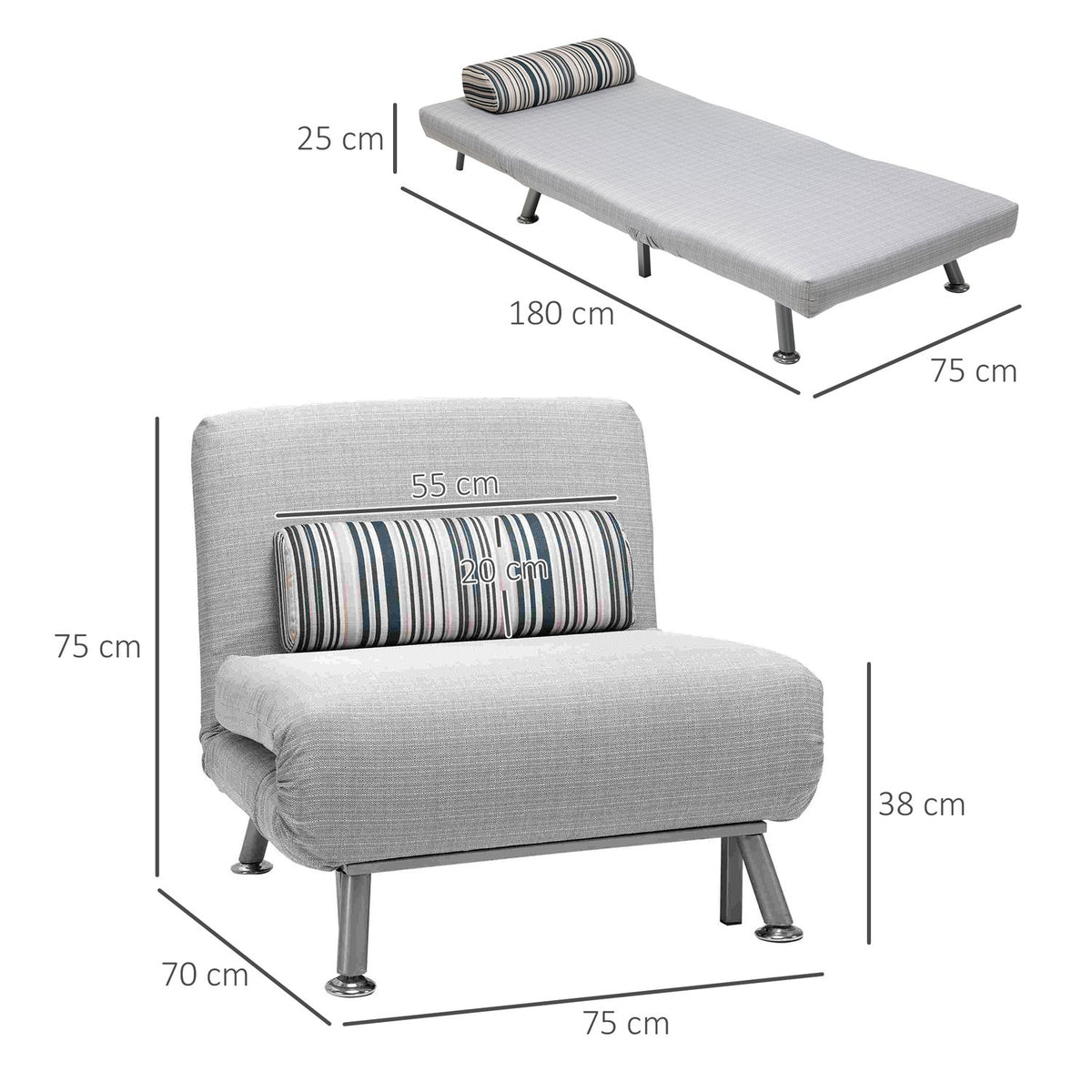 Folding Bed, Sofa Bed, Folding Mattress, Metal, Grey, 75X70X75Cm
