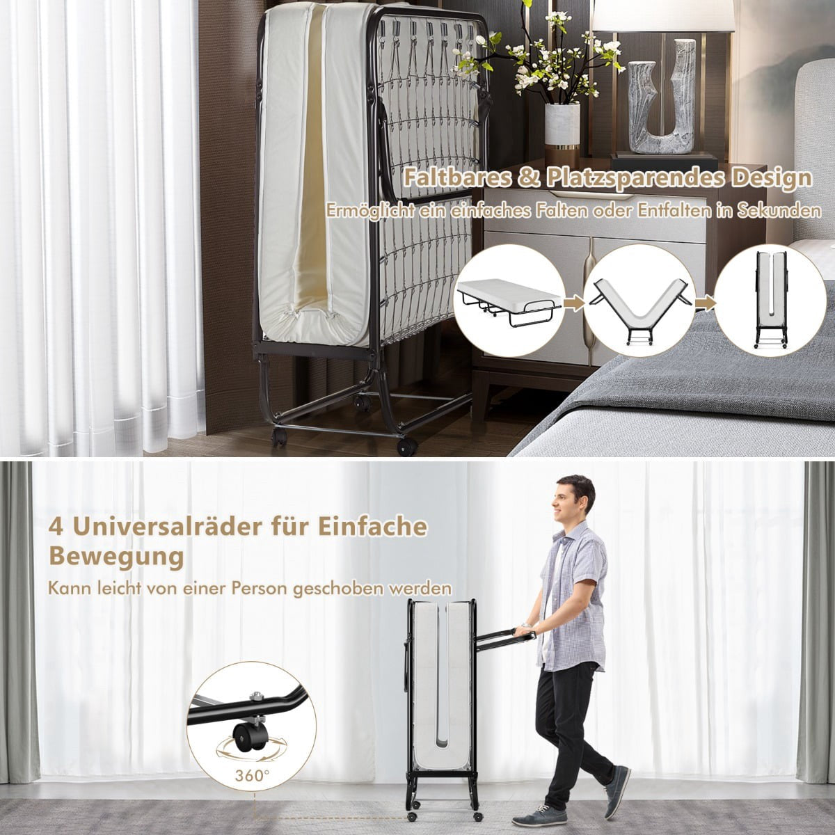 Folding Bed with Wheels, Memory Foam Mattress, 190x80 cm