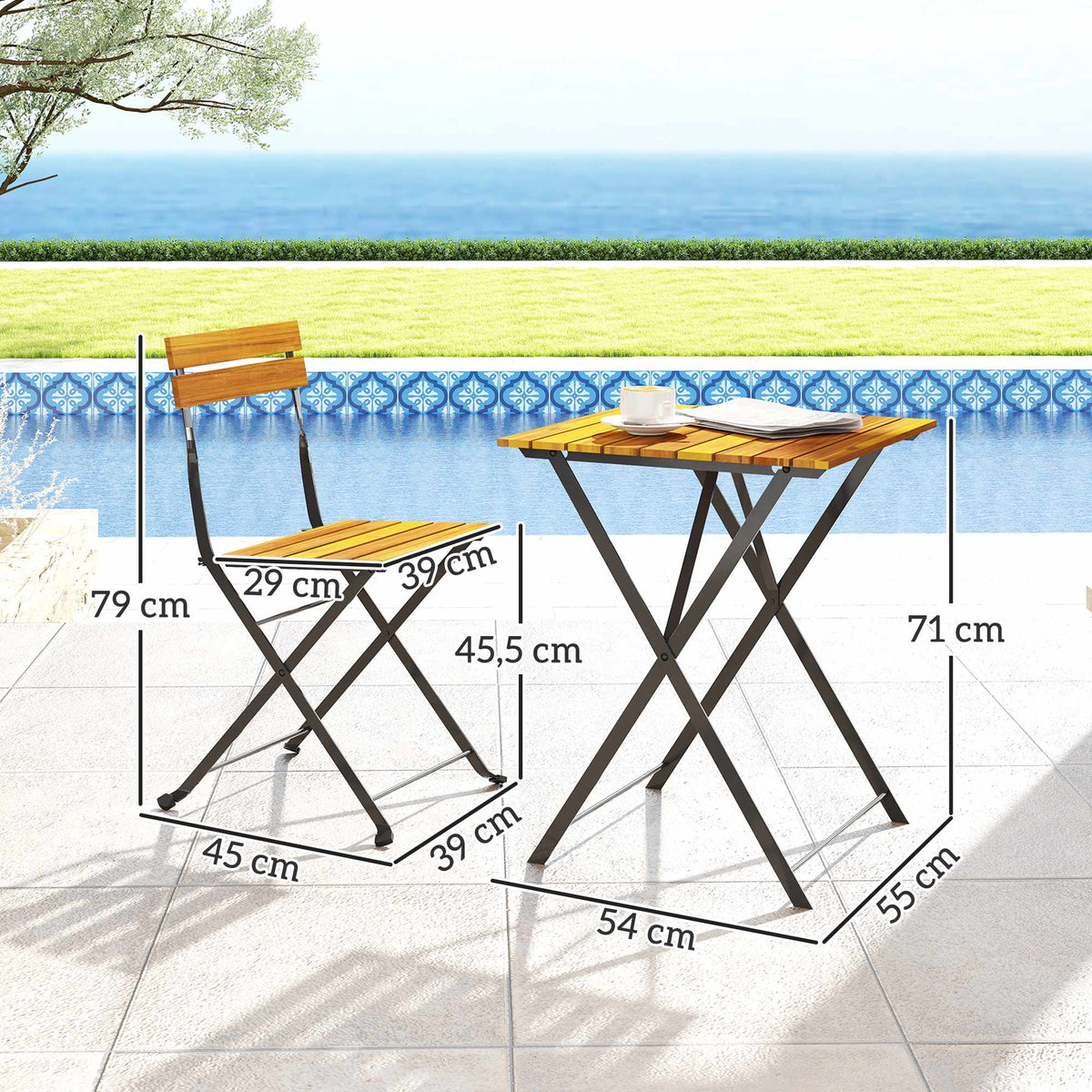 Folding Bistro Set for 2, Teak Acacia Wood & Steel
