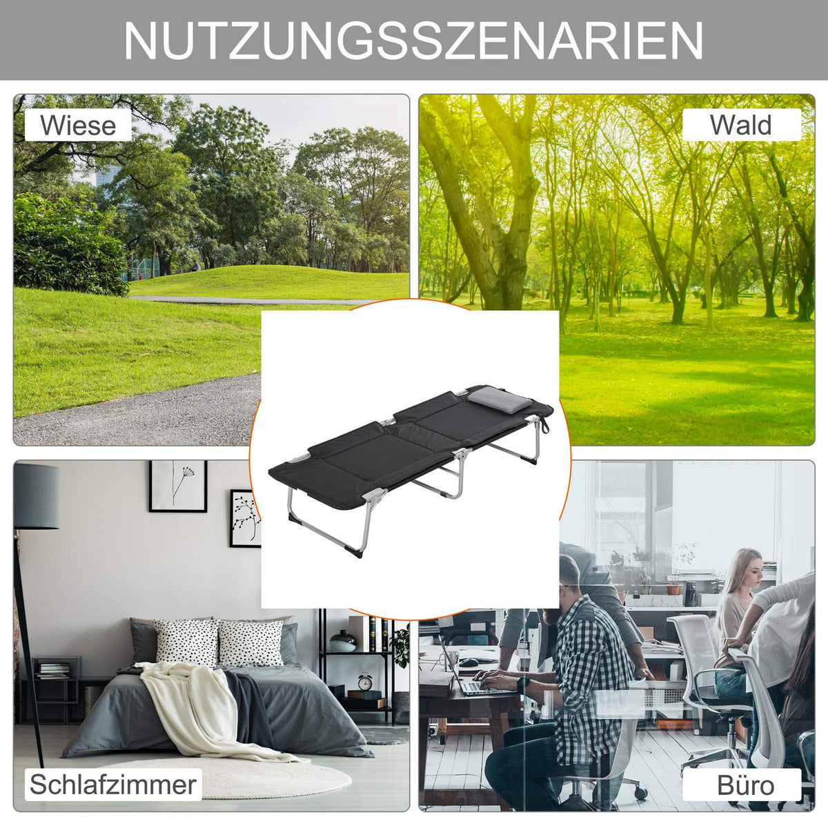 Folding Camping Bed Camp Bed With Pillow, Lightweight & Portable, For Outdoor & Camping, Black+Silver, 183X66X33Cm