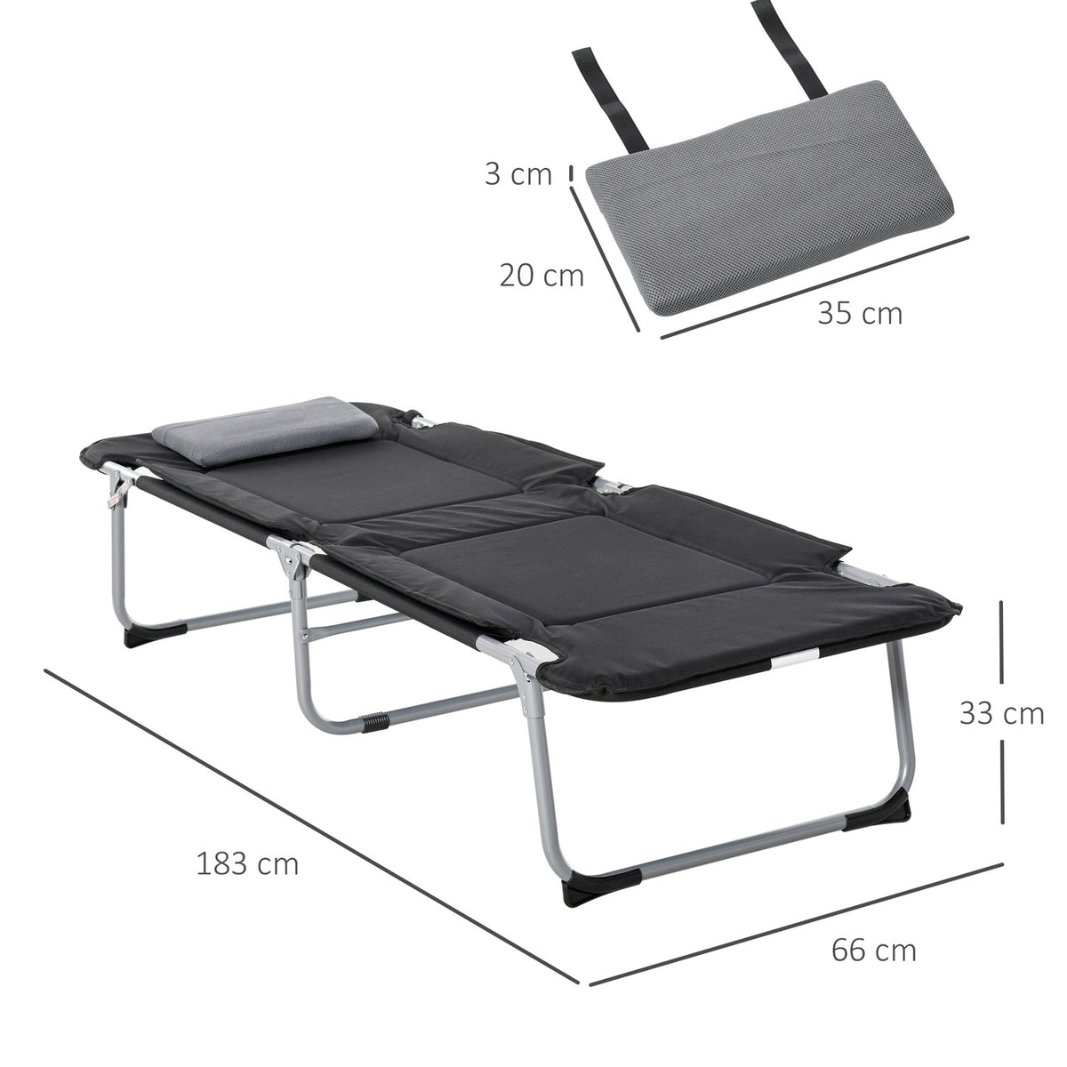 Folding Camping Bed Camp Bed With Pillow, Lightweight & Portable, For Outdoor & Camping, Black+Silver, 183X66X33Cm
