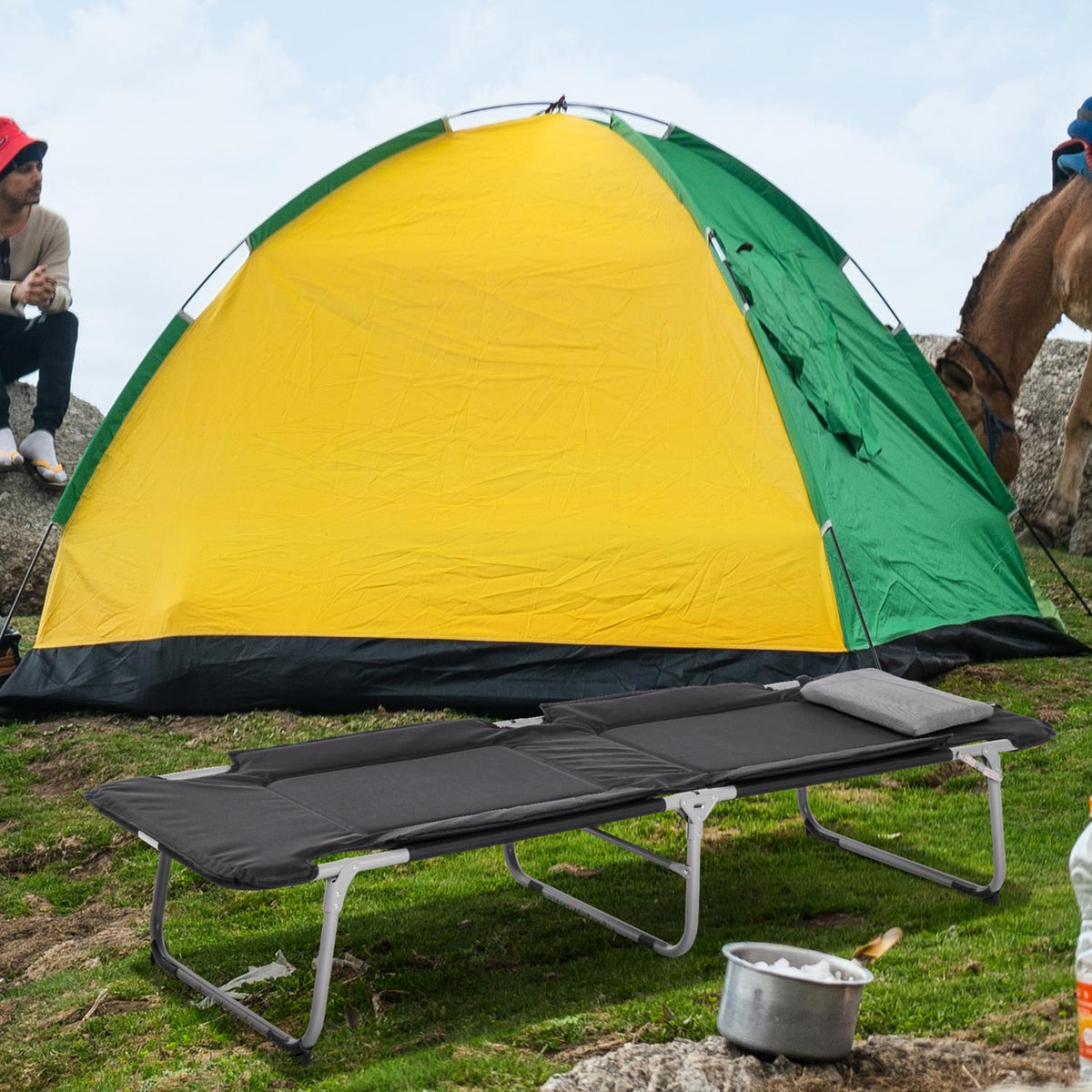 Folding Camping Bed Camp Bed With Pillow, Lightweight & Portable, For Outdoor & Camping, Black+Silver, 183X66X33Cm