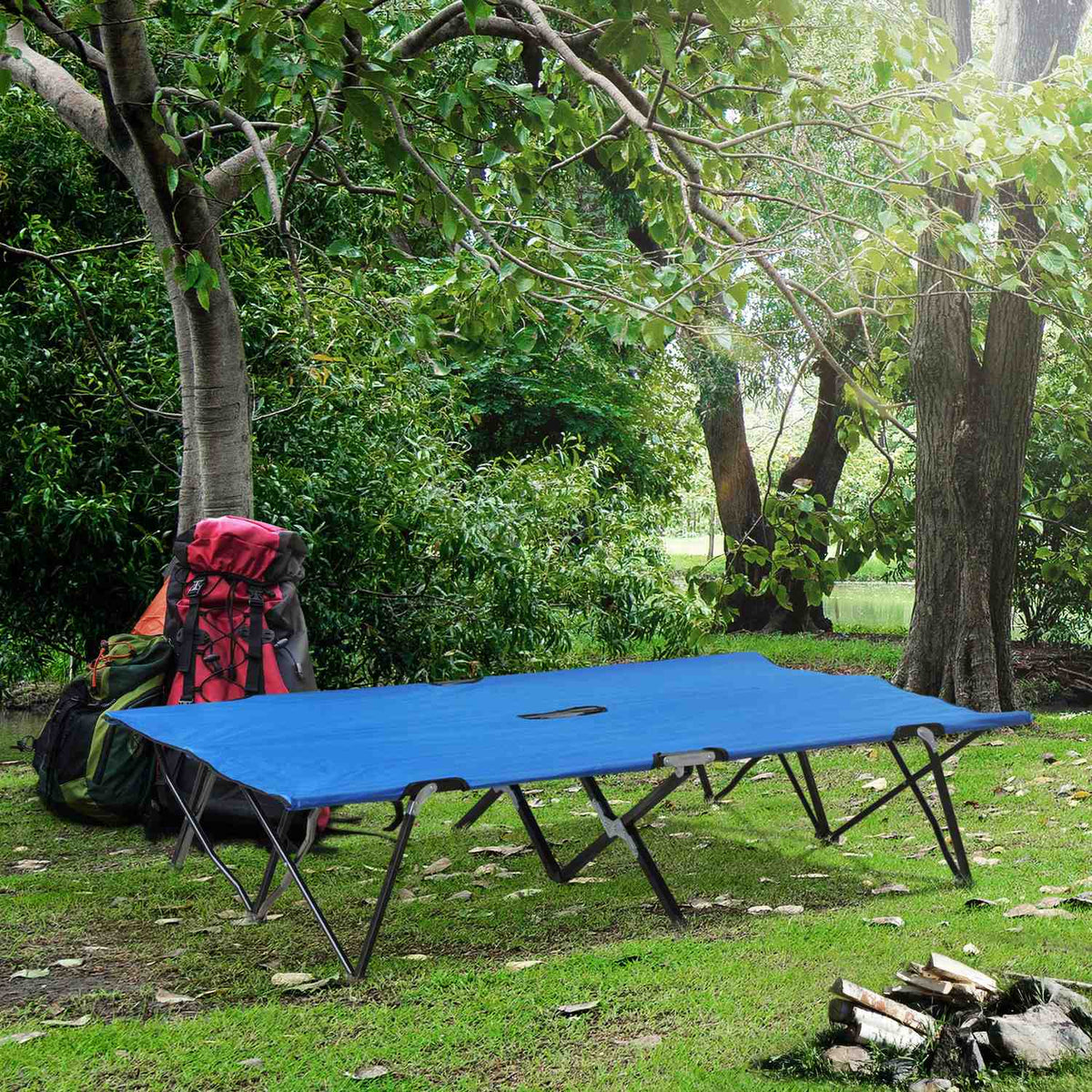 Folding Camping Bed For 2 People, Camp Bed With Carry Bag, Up To 136 Kg, Steel Oxford, Blue + Black, 193X125X40Cm