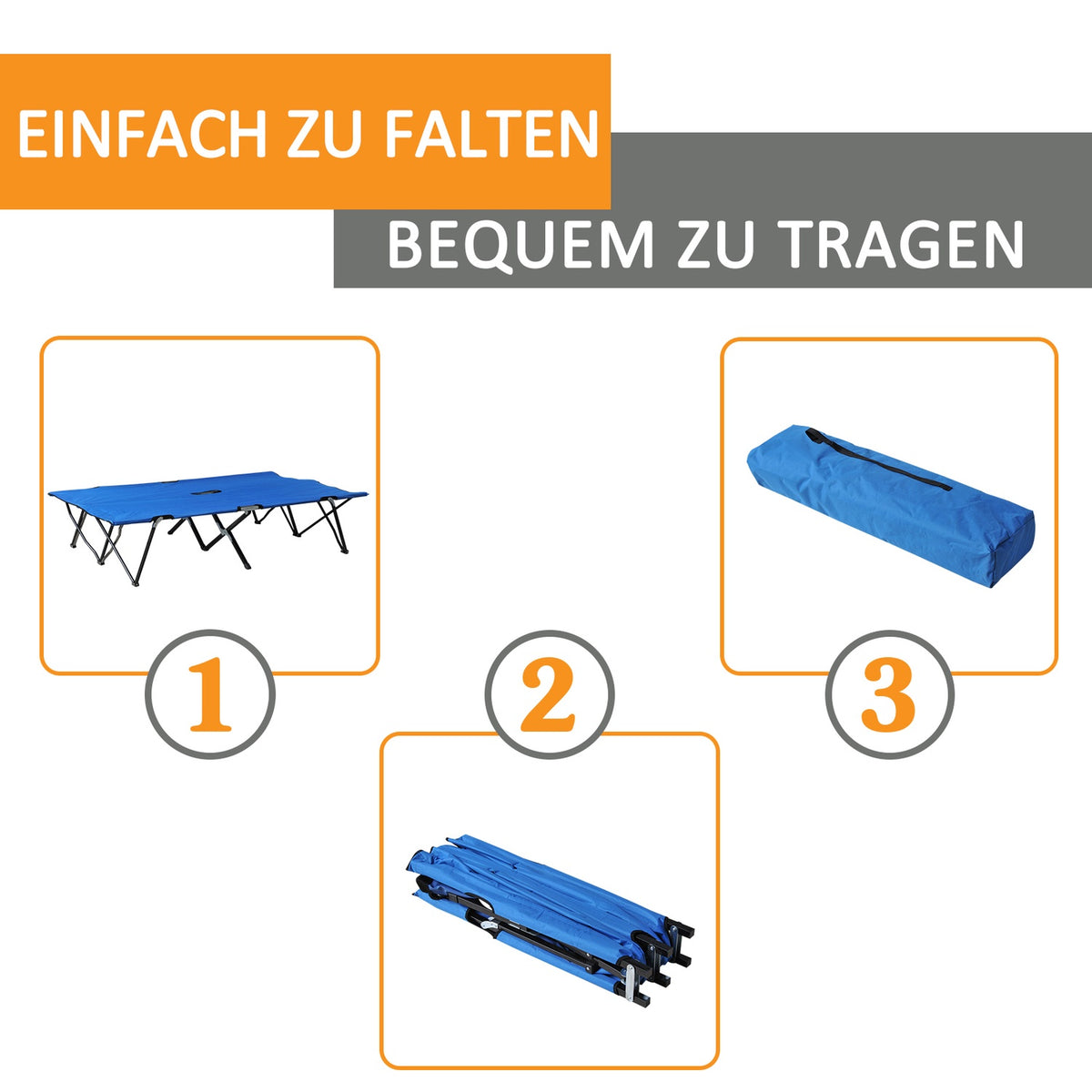 Folding Camping Bed For 2 People, Camp Bed With Carry Bag, Up To 136 Kg, Steel Oxford, Blue + Black, 193X125X40Cm