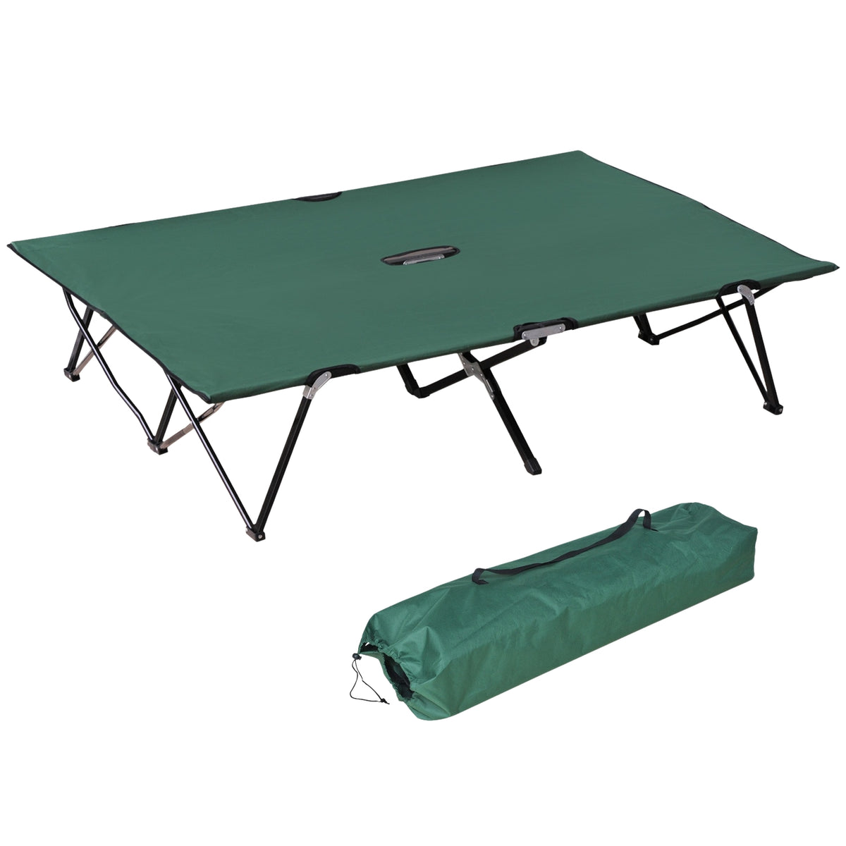 Folding Camping Bed For 2 People, Folding Camp Bed With Carrying Bag, Can Hold Up To 136 Kg, Steel Oxford Green + Black, 193 X 125 X 40 Cm