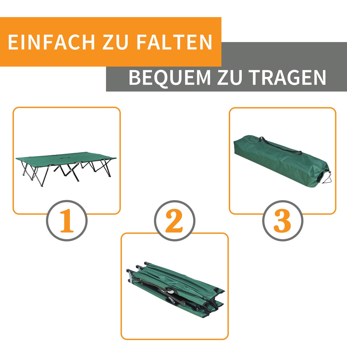 Folding Camping Bed For 2 People, Folding Camp Bed With Carrying Bag, Can Hold Up To 136 Kg, Steel Oxford Green + Black, 193 X 125 X 40 Cm