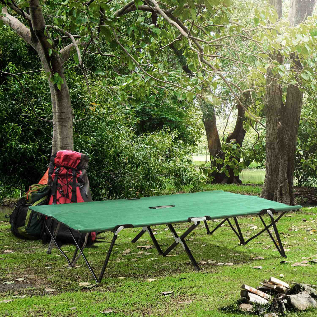 Folding Camping Bed For 2 People, Folding Camp Bed With Carrying Bag, Can Hold Up To 136 Kg, Steel Oxford Green + Black, 193 X 125 X 40 Cm
